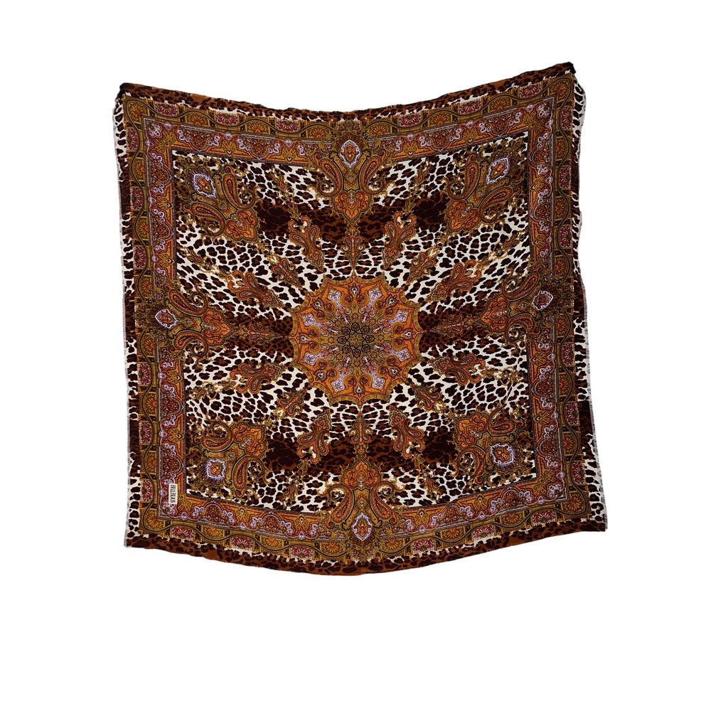Bill Blass Paisley Leopard Print Square Scarf Brown Orange Eyelash Fringe 33x35